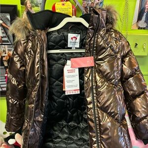 Appaman Shiny Brown Puffer Coat with Faux Fur Trim